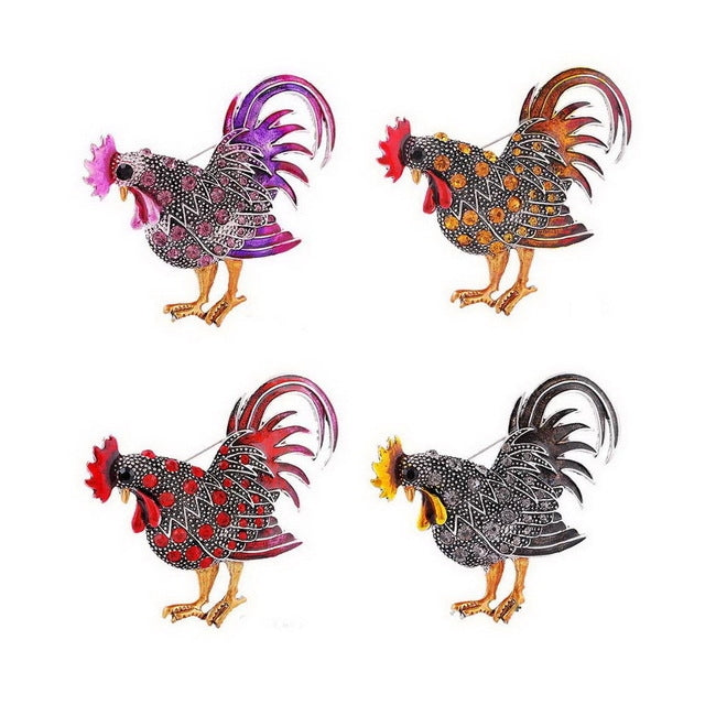 Rooster brooch assortment in red, orange, purple, and gray with jeweled details
