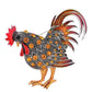 Orange rooster enamel brooch with jeweled dotted body and curled tail feathers