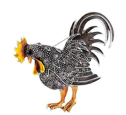 Gray rooster enamel brooch with rhinestone-studded body and arched white tail