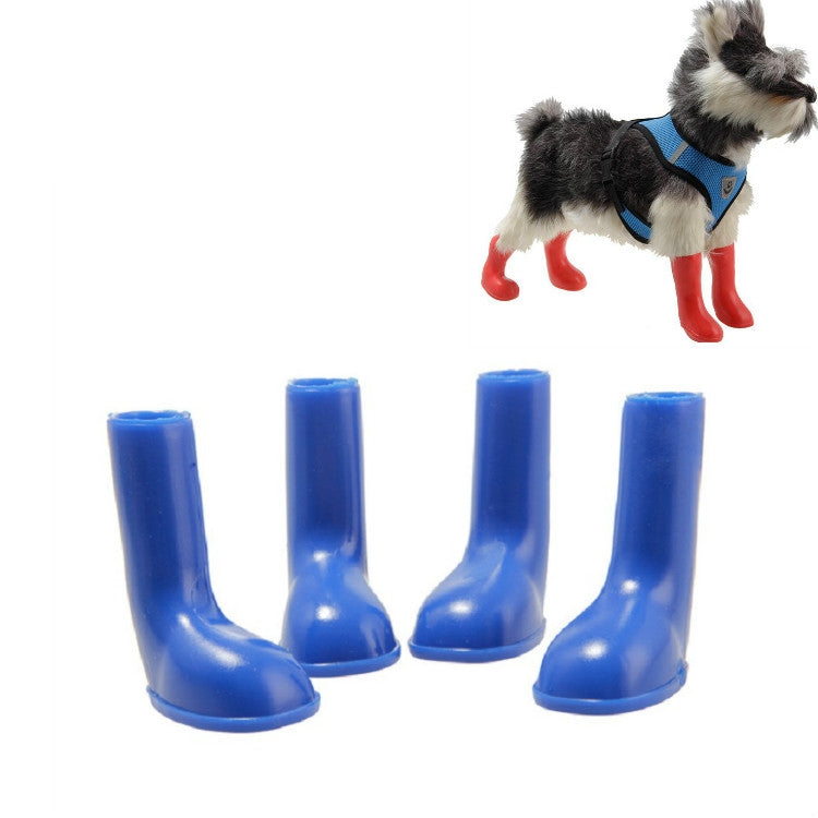 Waterproof non-slip pet rain boots, blue 4-pack, with dog wearing one