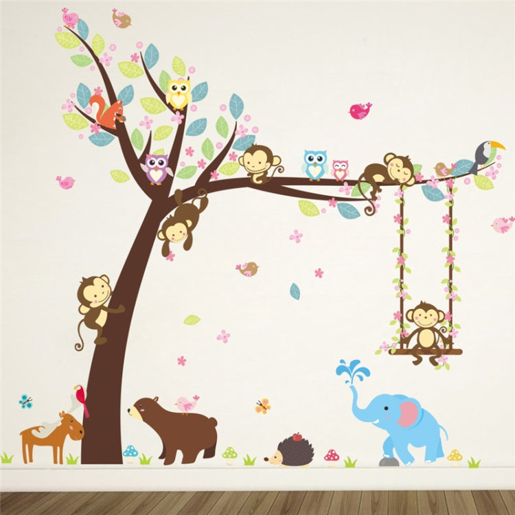 Children's wall sticker mural: brown tree with swinging monkeys, elephant, and hanging frames