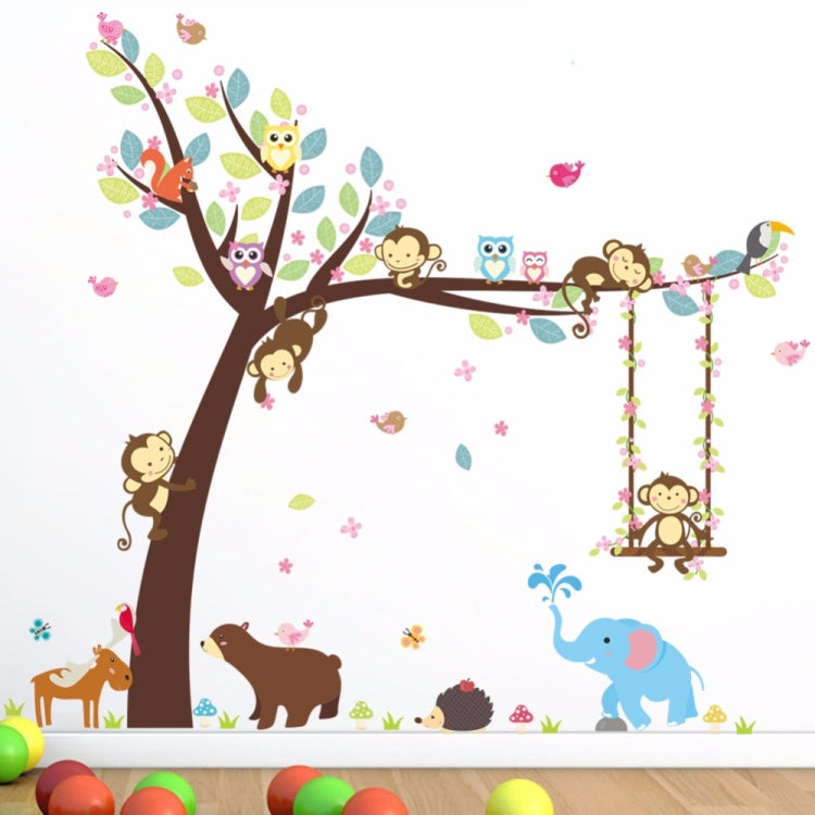 Children's wall sticker mural with monkey tree, animals, and two hanging swing frames