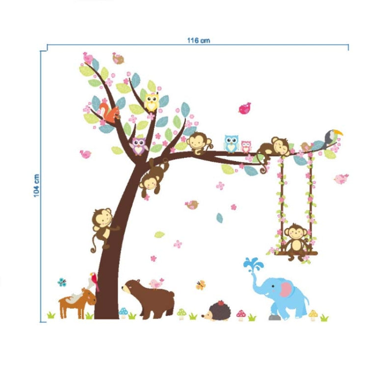Children's wall sticker mural design with monkey tree, animals, and hanging swing window