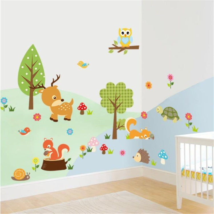 Forest animal wall sticker set with owl, deer, hedgehog, turtle and flowers