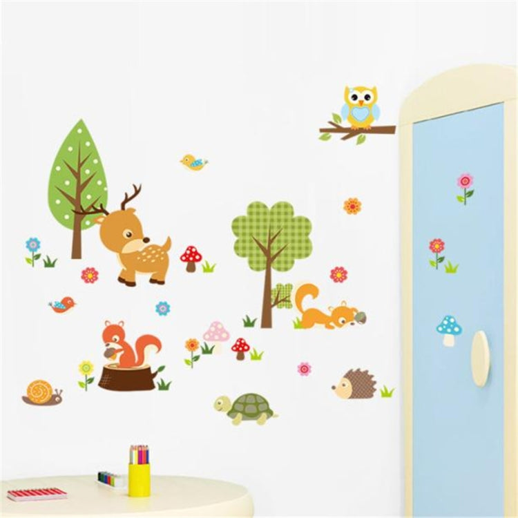 Forest animal wall sticker set with owl on branch, woodland animals and flowers