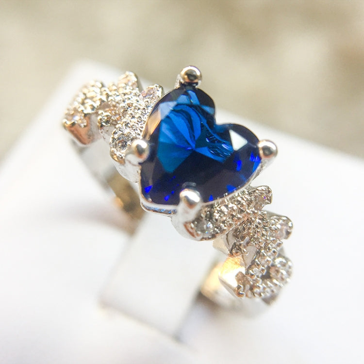 Sterling silver heart ring with blue heart stone and pavé accents