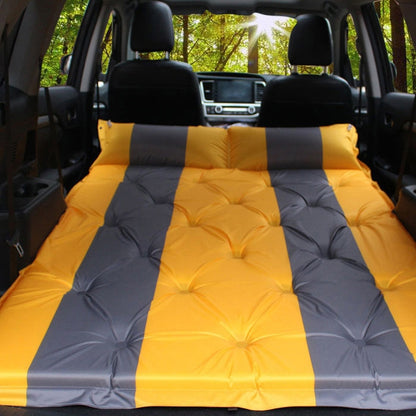 Inflatable SUV car air mattress with orange and dark gray striped quilted top