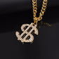 Gold-tone chain with large rhinestone dollar-sign pendant, angled close-up