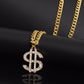 Gold-tone chain necklace with rhinestone dollar-sign pendant, side view