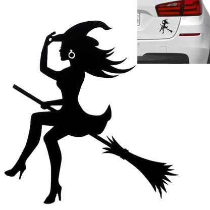 Black witch car sticker decal, silhouette holding broom and riding with raised hand