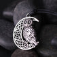 Antique silver owl moon pendant close-up with celtic knot and detailed feathers
