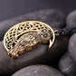 Antique gold owl moon pendant on black cord, crescent with knotwork and feathers