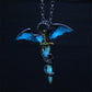 Blue dragon sword pendant necklace with silver chain and gold detail