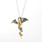 Dragon sword pendant necklace with silver chain, black-and-gold dragon design