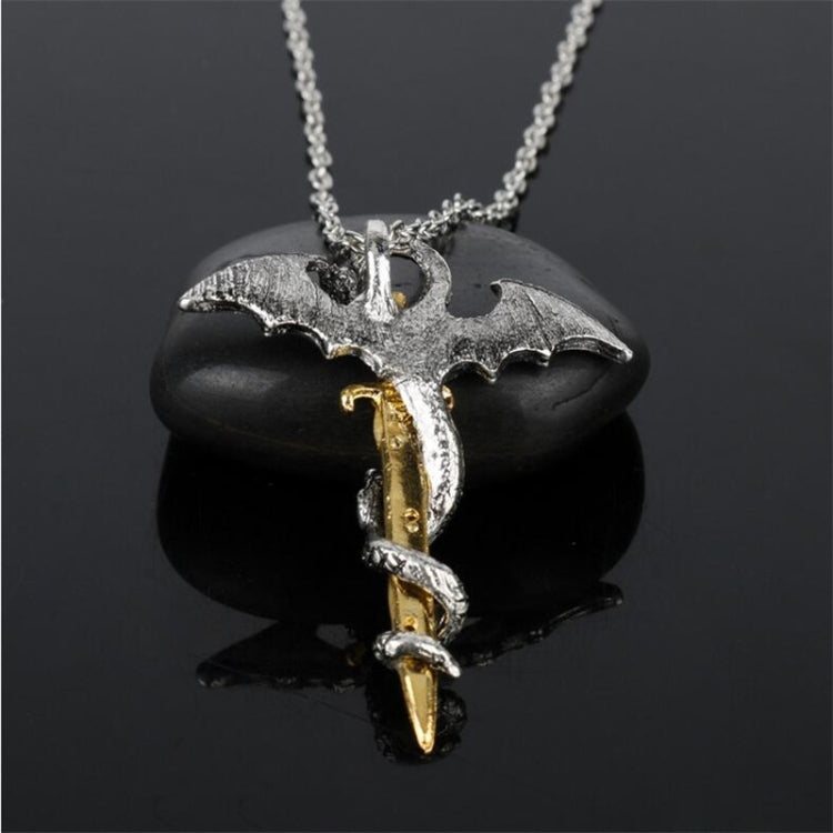 Dragon sword pendant necklace with silver chain and large bat-wing pendant