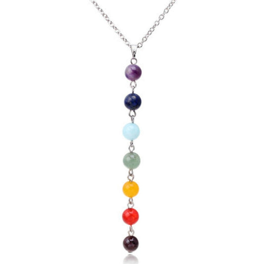 7-bead pendant necklace with purple, blue, light blue, green, yellow, red, dark beads