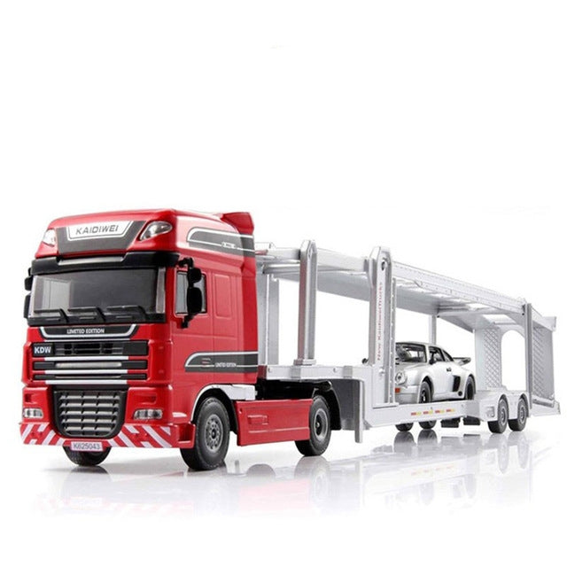 Red diecast double-deck car transporter truck with white trailer and small car on deck