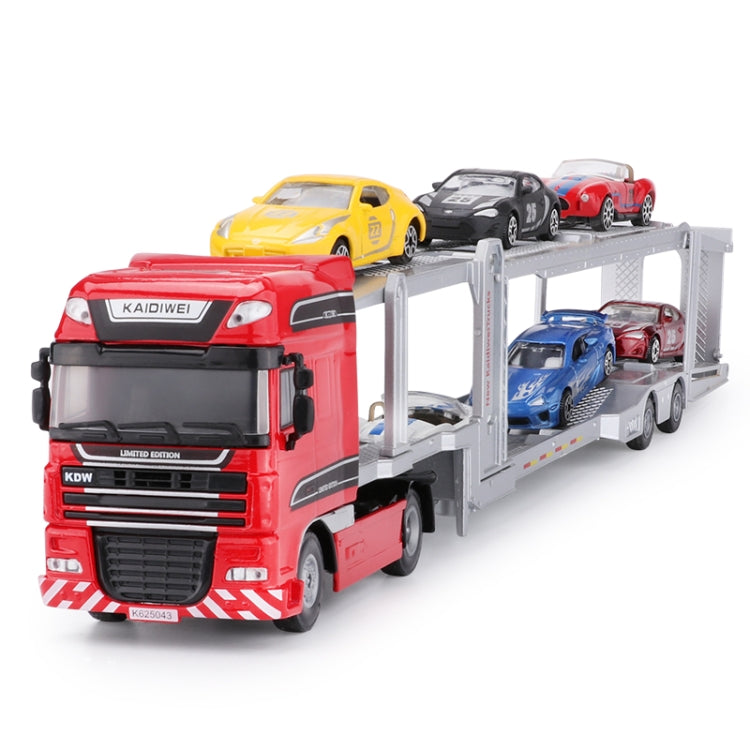 Red diecast double-deck car transporter with yellow, black, and red cars on upper deck