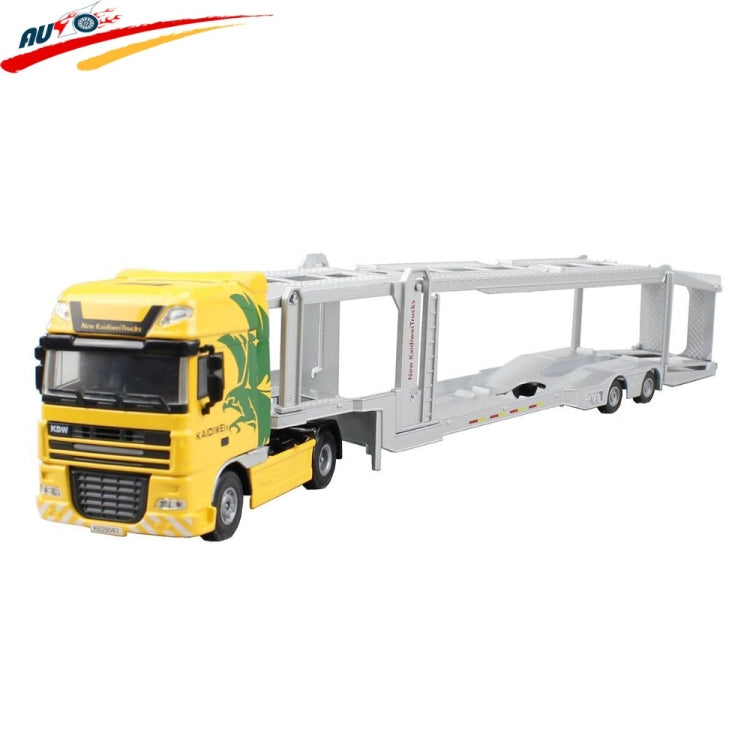 Yellow diecast double-deck car transporter truck with white ramp trailer