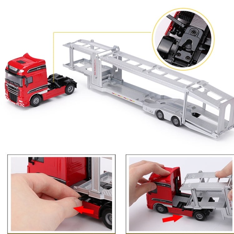 Red diecast car transporter with extended ramp and visible locking mechanism