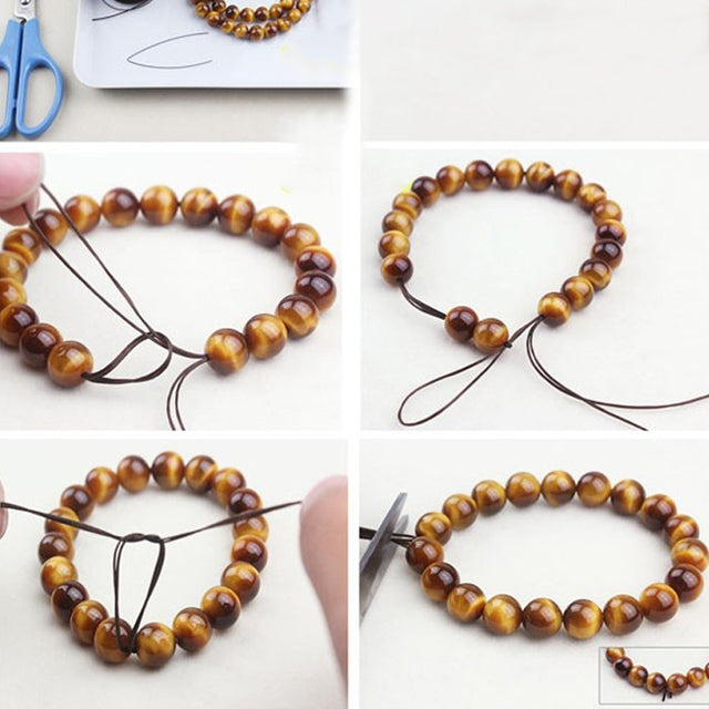 Elastic cord threaded through brown bead bracelet, with tied loose ends