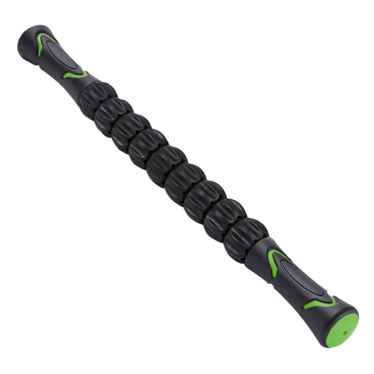 Black segmented massage roller stick with green end caps.