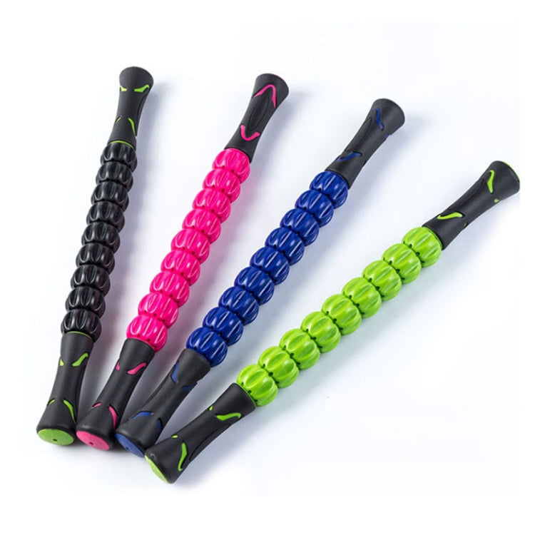 Set of colorful segmented massage roller sticks: black, pink, blue, and green.