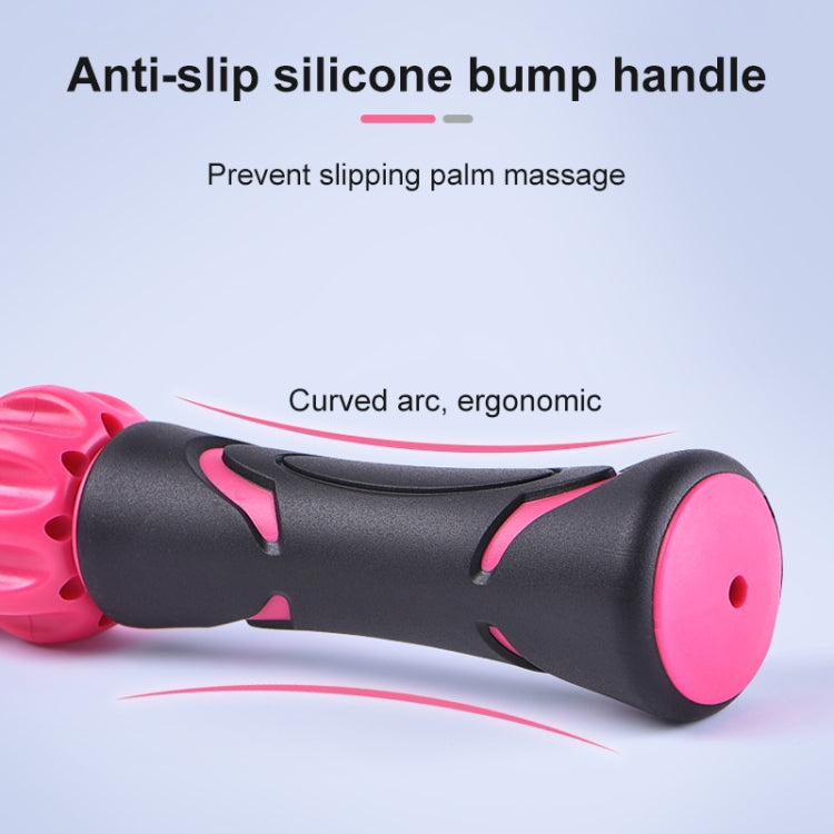 Close-up of black and pink massage roller stick with curved ergonomic handle.