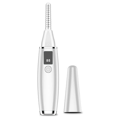 White electric eyelash curler with heated comb and digital temperature display