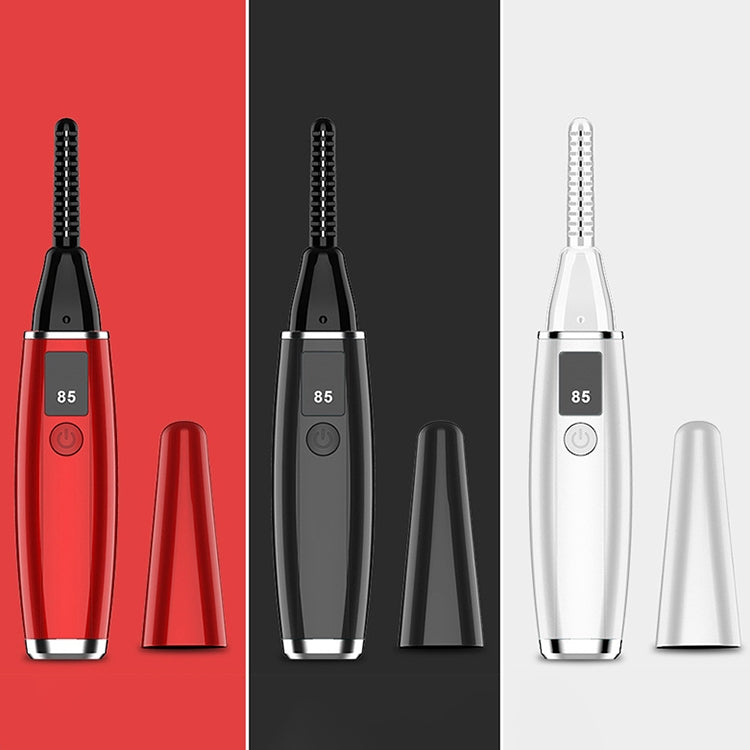 Electric eyelash curler set in red, black, and white with protective caps