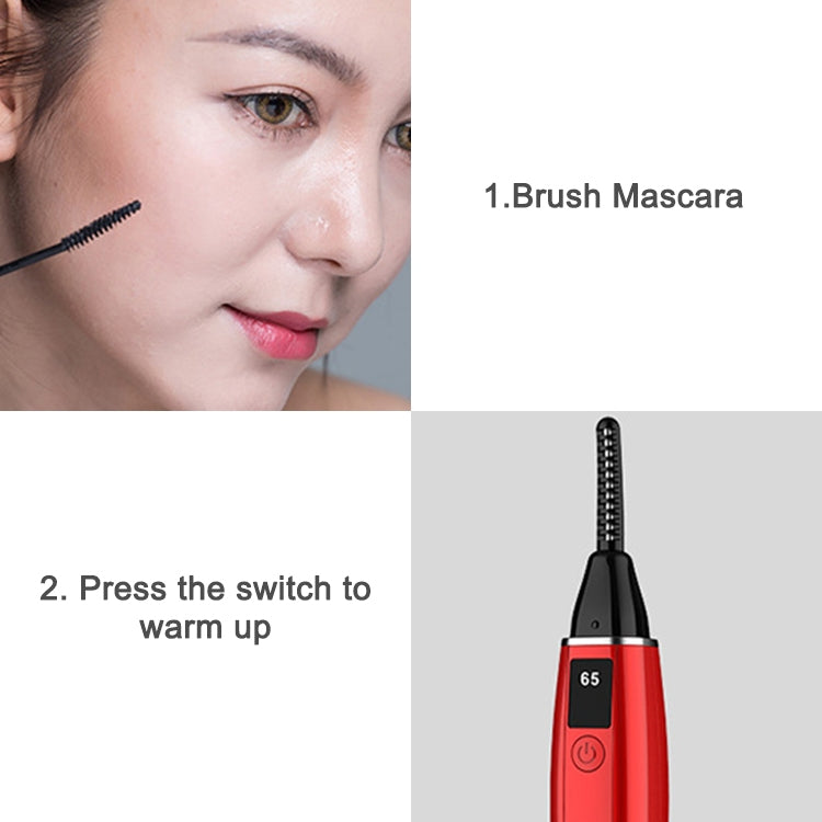 Black electric eyelash curler applying heated comb to eyelashes