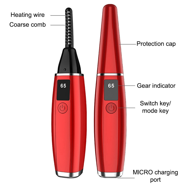 Red electric eyelash curler with heated comb, protection cap, and micro charging port