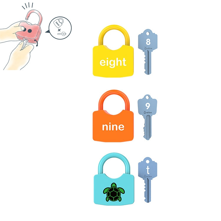 Children's lock and key learning toy set with number locks eight, nine, and turtle graphics