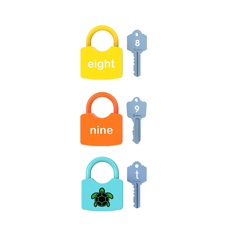 Children's lock and key learning toy set with number locks eight, nine, and letter t lock