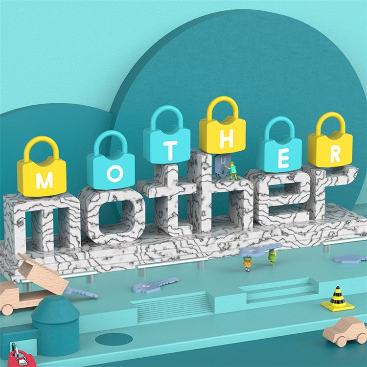 Children's lock and key learning toy set with multiple number and letter locks on blocks