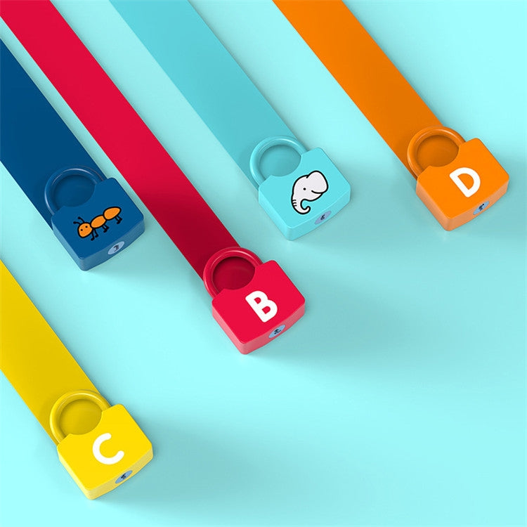 Children's lock and key learning toy set with letter locks A, B, C, and D plus keys