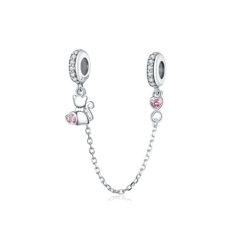 S925 silver cat charm safety chain bracelet with pink round CZ accents