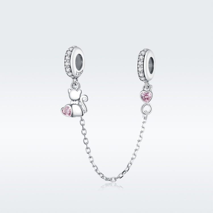S925 silver cat safety chain charm bracelet with glittery pink CZ heart