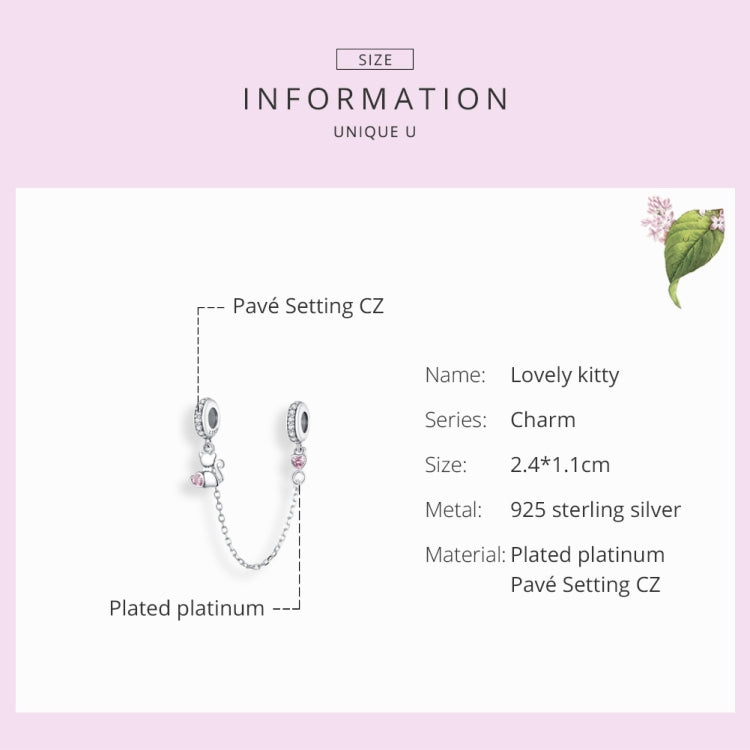 S925 silver cat charm safety chain bracelet info diagram with plated platinum