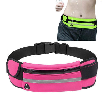 Rose pink and black sports waist bag with zip pocket, reflective stripe, and adjustable belt