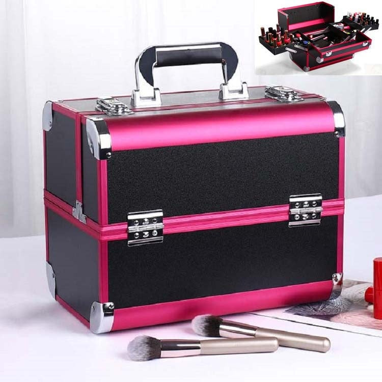 Pink and black makeup and manicure toolbox case with silver handle and latch details