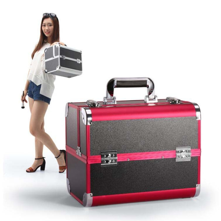 Pink and black makeup toolbox case with silver handle, secured latches, and shoulder carry