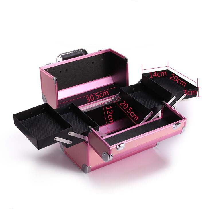 Open pink makeup and manicure toolbox with foam-lined trays and divider compartments