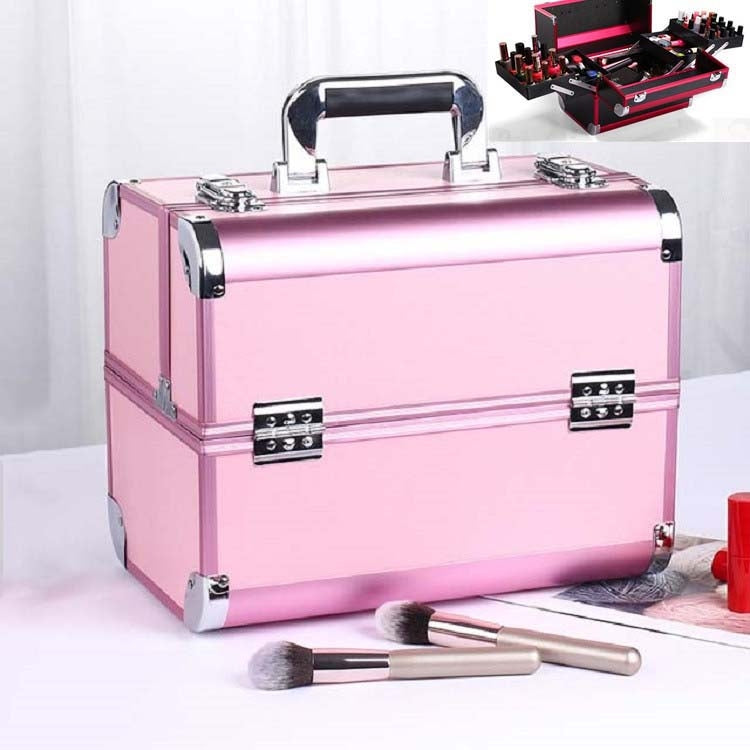 Pink makeup and manicure toolbox case with silver trim, handle, and metal lock plates