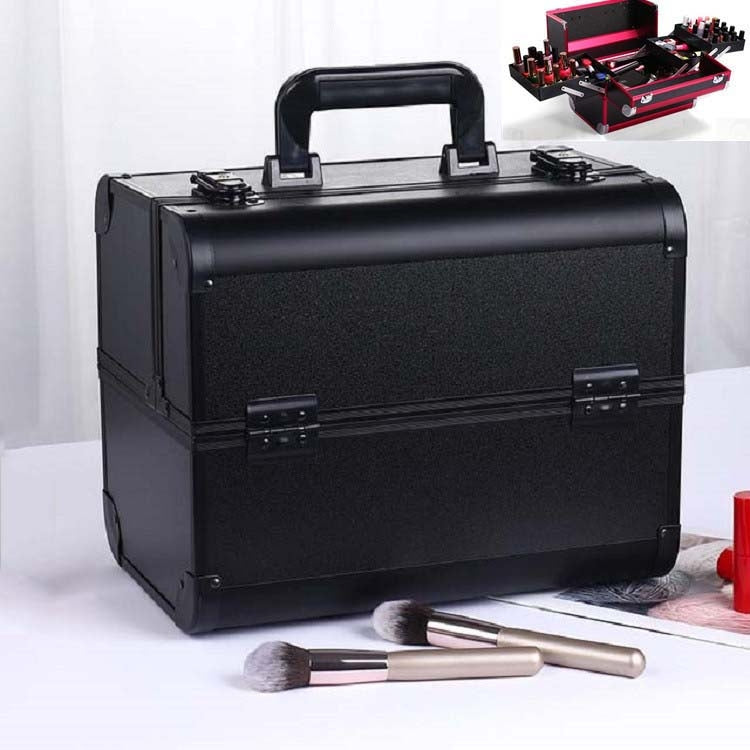 Black makeup and manicure toolbox case with textured front, top handle, and metal latches
