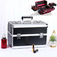 Silver makeup and manicure toolbox case with black interior, handle, and metal corner locks