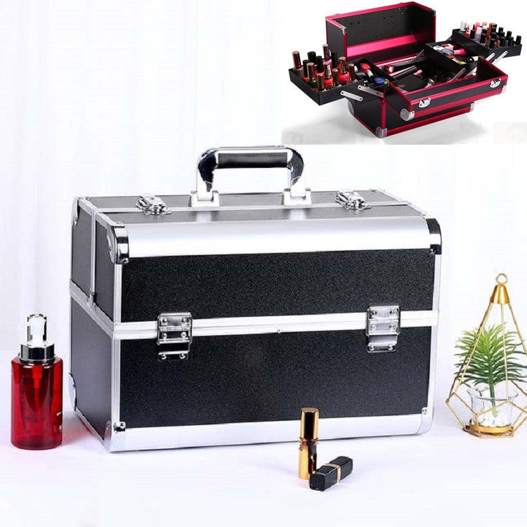 Silver makeup and manicure toolbox case with black interior, handle, and metal corner locks
