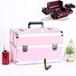 Pink and silver makeup toolbox case with clear top handle, black latches, and small accessories