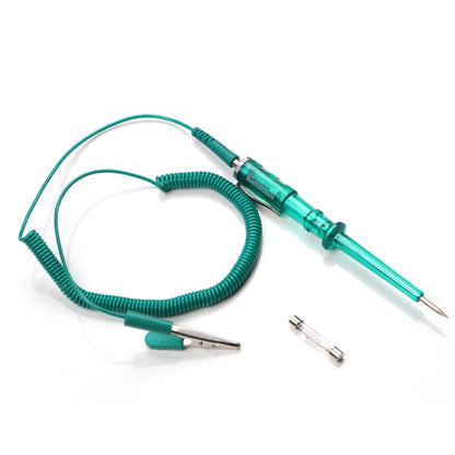 Electric car test pen with coiled cord, green pen body, and needle probe tips