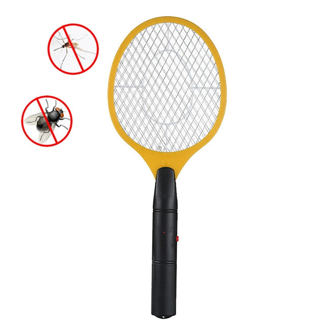 Electric mosquito racket swatter with yellow mesh head and black handle